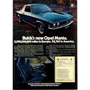 1973 Buick Opel Manta Luxus Vintage Print Ad Campsite Kayak River 70s Wall Art